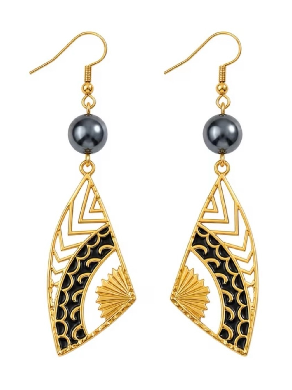 Gold and Black Drop Earrings with Hematite Bead